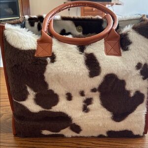Faux Fur Cow-Print Tote Bag with Tan Handles